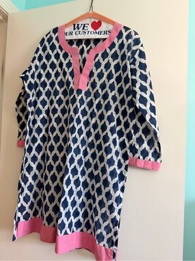 Ladies Navy Geo-Print Dress with Pink tunic top size M